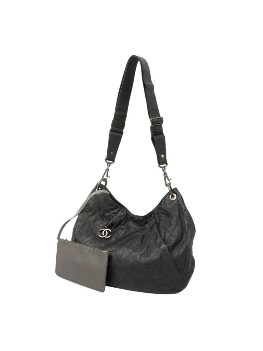 Chanel Shoulder Bag Quilted Leather Black Silver